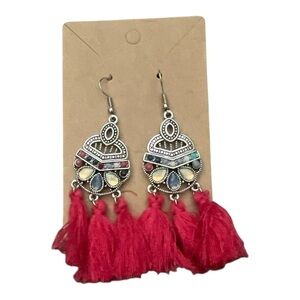 Cato Red Tassel Earrings with Silver Accents